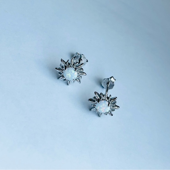 Sterling Silver White Lab Opal Blazing Sun Earrings, Silver Stud Earring, - Picture 2 of 10